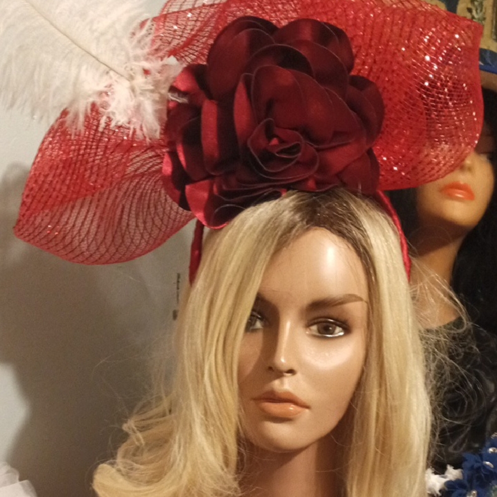 Red Floral Fascinator Headpiece with Feather Accent